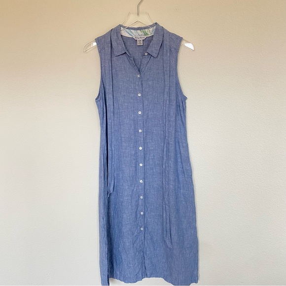 Tommy Bahama Two Palms Blue Chambray Linen Sleeveless Dress | M - Picture 2 of 10
